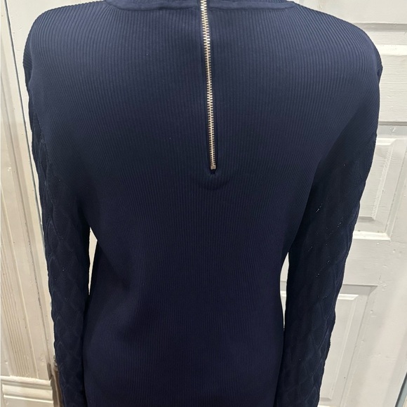 White House Black Market Navy Back Zip Mock Neck Woven Sleeve Sweater Sz Xl EUC - Picture 2 of 5